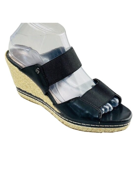 Etienne Aigner Shoes - Etienne Aigner Womens Black Wedge Sandals With Elastic Straps & Espadrille Heel